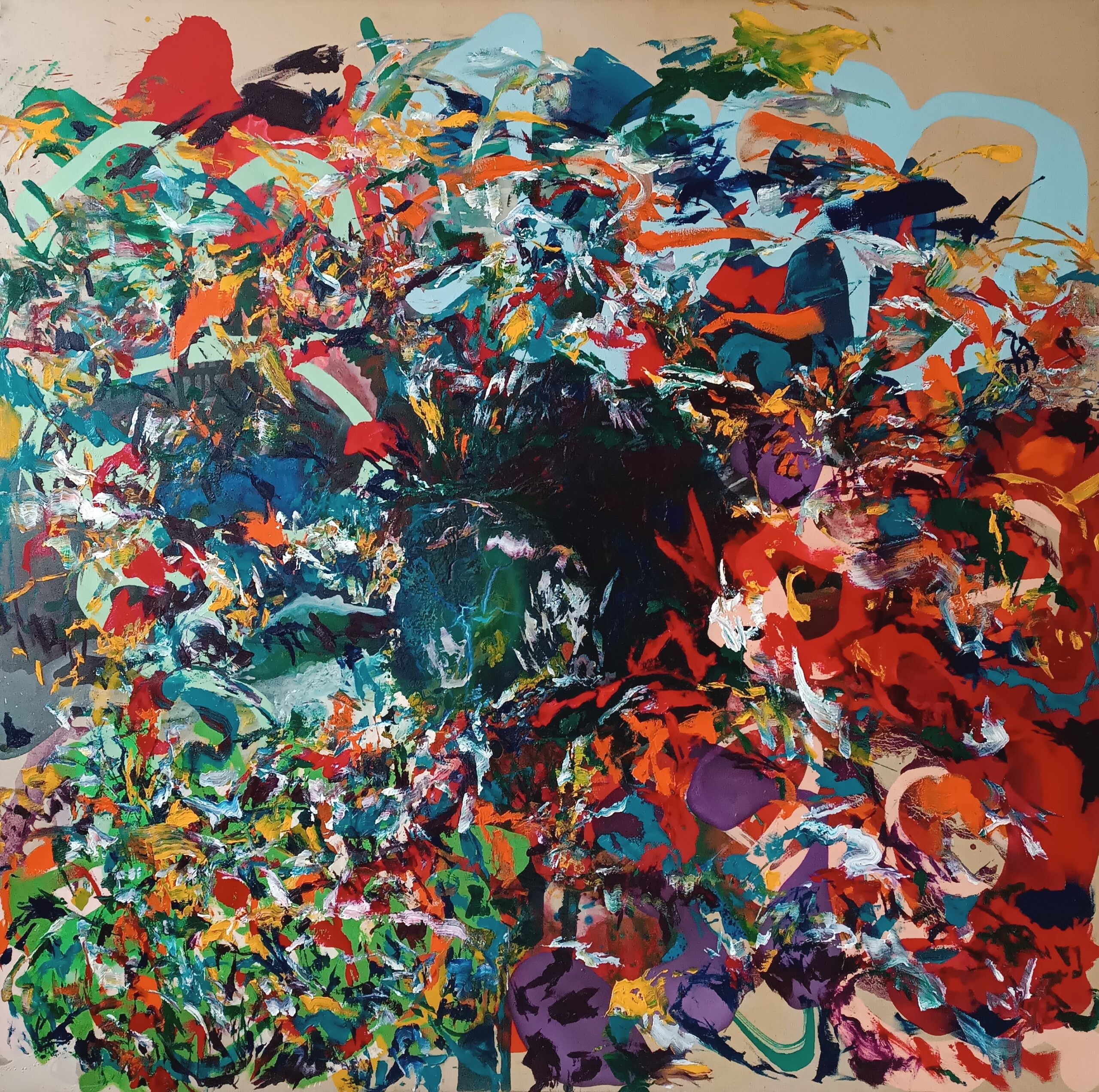 THE-BATTLE-OF-A-THOUSAND-WORLDS-acrylique-et-huile-sur-toile-200x200x55-cm-2026